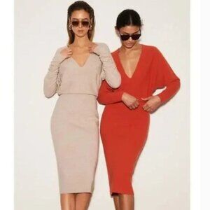 REISS Jenna Red Orange Deep V Neck Midi Sweater Dress S